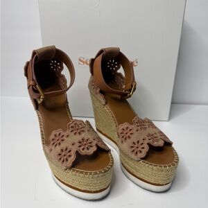 See By Chloe Wedge Espadrilles 36 Brown Leather Floral Platform Sandals